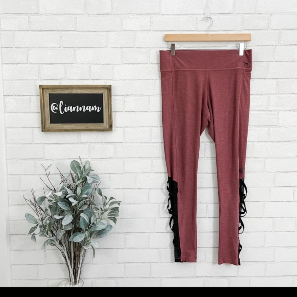 Victoria’s Secret PINK Yoga Light Maroon Black Lace Up Bottom Leggings